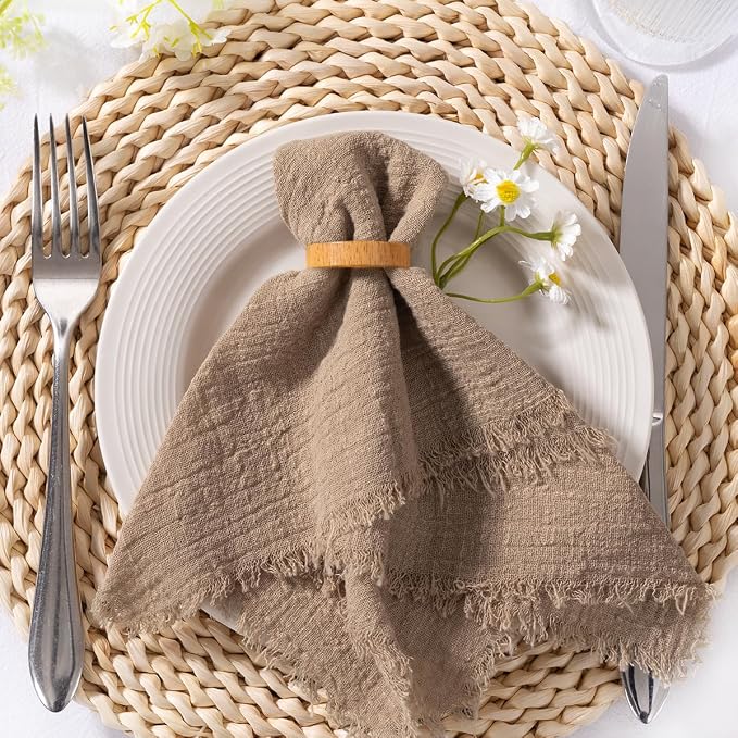 MLMC 6 Pack Nude Cloth Napkins with Fringe Boho Linen Napkins Washable Reusable Rustic Dinner Table Decor 17"×17" for Wedding Party Bridal Baby Shower Home Decor