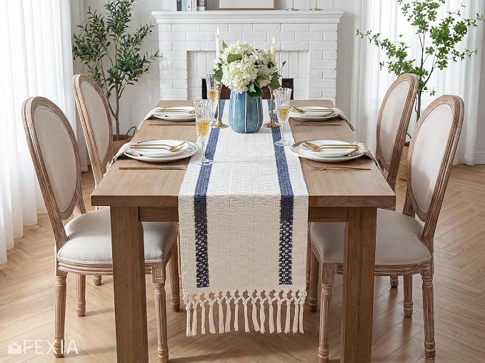 FEXIA Boho Blue Table Runner for Easter Decor 72 Inches Long with Tassels Macrame Farmhouse Style Spring Party Rustic Wedding Baby Bridal Shower Dining Decor (12x72 Inches)