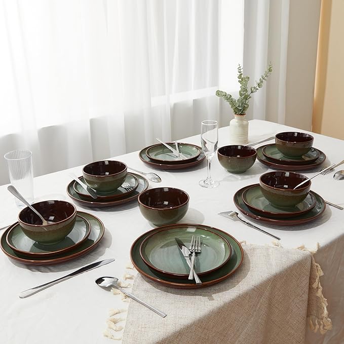 Pokini Stoneware Dinnerware Sets, Ceramic Plates and Bowls Set, Microwave & Dishwasher Safe Kitchen Dishes, Modern Dinner Salad Plates | Cereal Bowls, Dishware Sets Service for 4 Sage Green