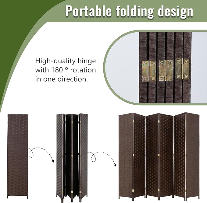FDW Room Divider Wood Screen 6 Panel Folding Portable Partition Screens Wooden Mesh Woven Design for Home Office (Dark Brown)