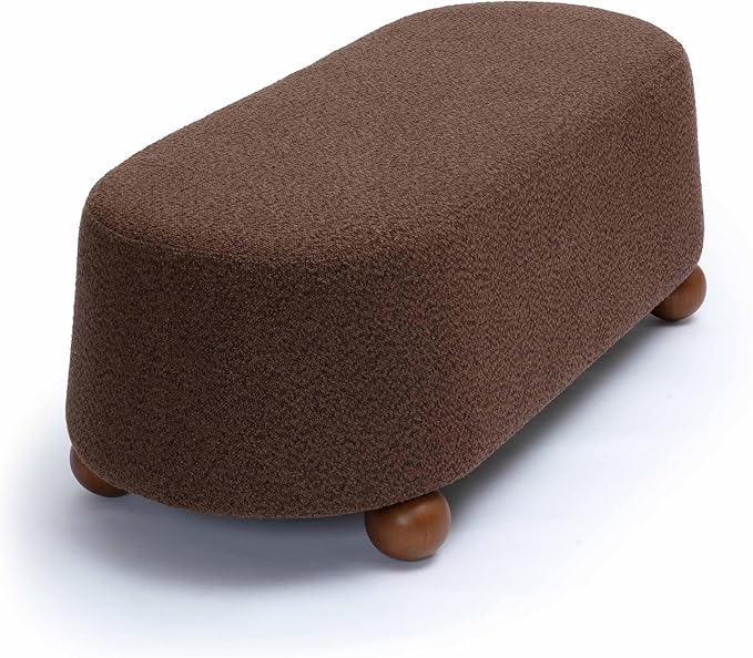 First of a Kind Living Room Ottoman in Brown Boucle - Modern Bedroom Ottoman with Spherical Solid Wood Legs - Fiber-Wrapped Foam - Easy Clean, Minimal Assembly