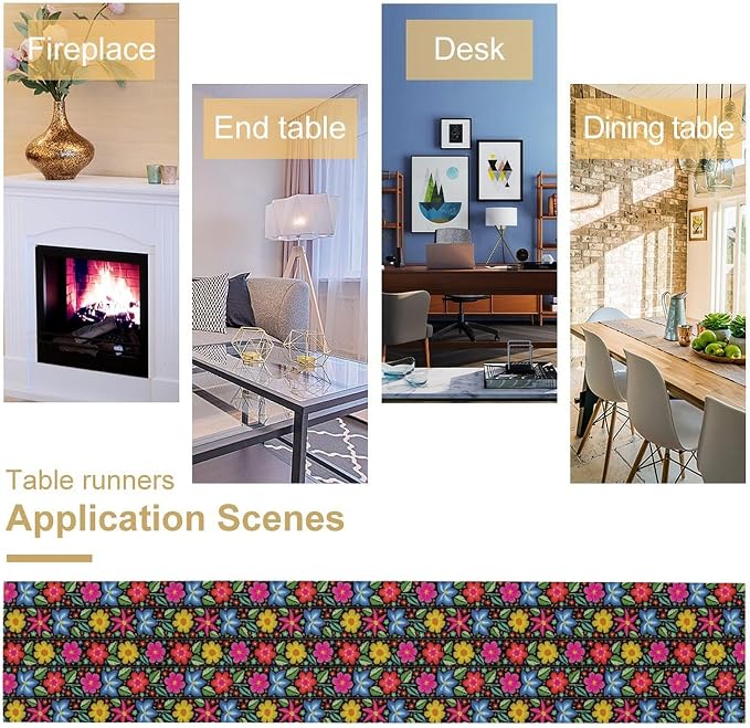 YCness Ethnic Mexican Table Runer, Mexican Flower Traditional Pattern Ornate Folk Graphic Spring Table Runner for Party Living Room Dining Home Table Decor, 13x120 Inch