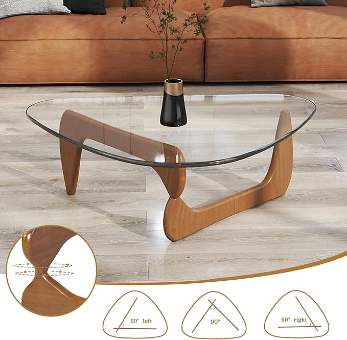Coffee Table for Living Room &Small Space, 35.5″ Modern Glass Coffee Tables, Solid Wood Base, Triangle Tempered Glass Top, Curved Transitions, Funky Rustic Center Tables