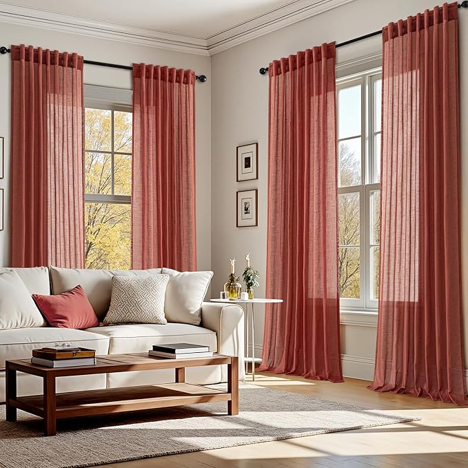 Extra Long Terracotta Linen Curtain 120 Inch long Back Tab Light Filtering Semi Sheer Modern Farmhouse Cotton Textured Ceiling to Floor Window Panels for Living Dining Room Bedroom Decor 2 Panels