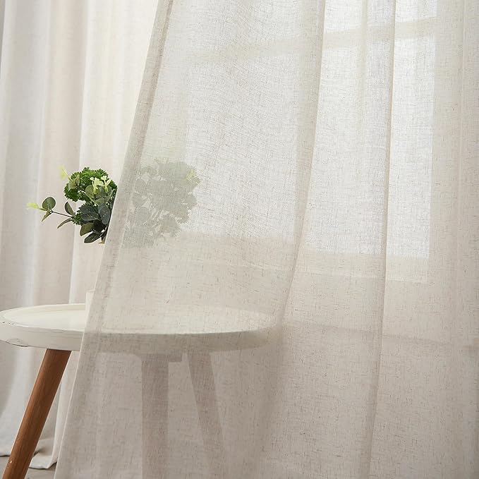 102 Inch Long Curtains Sheer Linen Faux, Natural Light Filtering 2 Panels, Neutral Cream Beige Farmhouse Curtains & Drapes for Living Room, Pinch Pleat Sliding Glass Door Ceiling Curtain