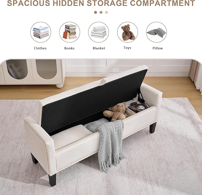 51" Storage Ottoman Bench, Velvet Large End of Bed Bench with Arms, Modern Storage Bench for Living Room, Bedroom, Entryway, Window, Holds up to 500 lb