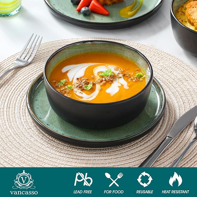 vancasso Plates and Bowls Sets, 24 Pieces Stoneware Dinnerware Sets for 8, Kitchen Dish Set Mircowave and Dishwasher Safe Ceramic Dishware, Turf Green, Series AMBER