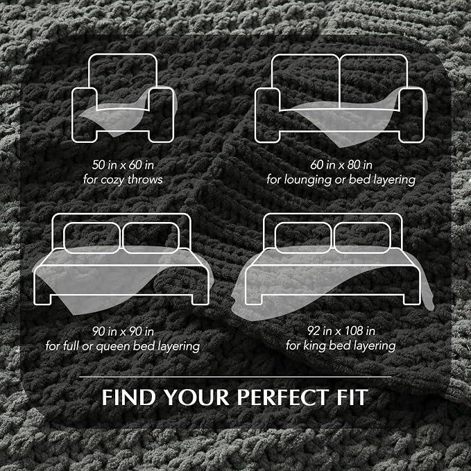 EVERGRACEHOME Chunky Chenille Knit Throw Blanket for Couch, Soft Luxurious Oversized Queen Moss Stitch Blanket for Bed, Cozy Farmhouse Knitted Throw for Sofa, Charcoal Gray, 90" x 90"