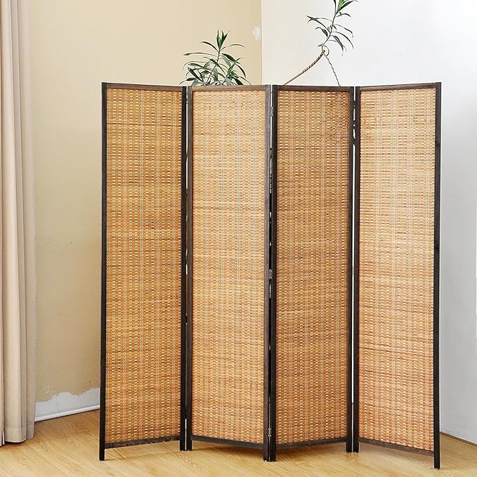 4 Panel Bamboo Room Divider Screen,5.6 FT Tall Bamboo Divider Folding Panel Screen,Freestanding Panel Divider for Room Seperation,Brown