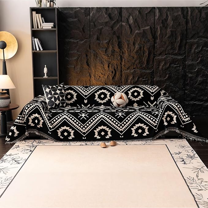 VClife Bohemian Southwestern Pattern Sofa Cover Non Slip Washable Couch Cover - White Black Aztec Geometric Chenille Couch Cover for 3 Cushion Couch Sofa Vintage Slip Cover 71" X 134"