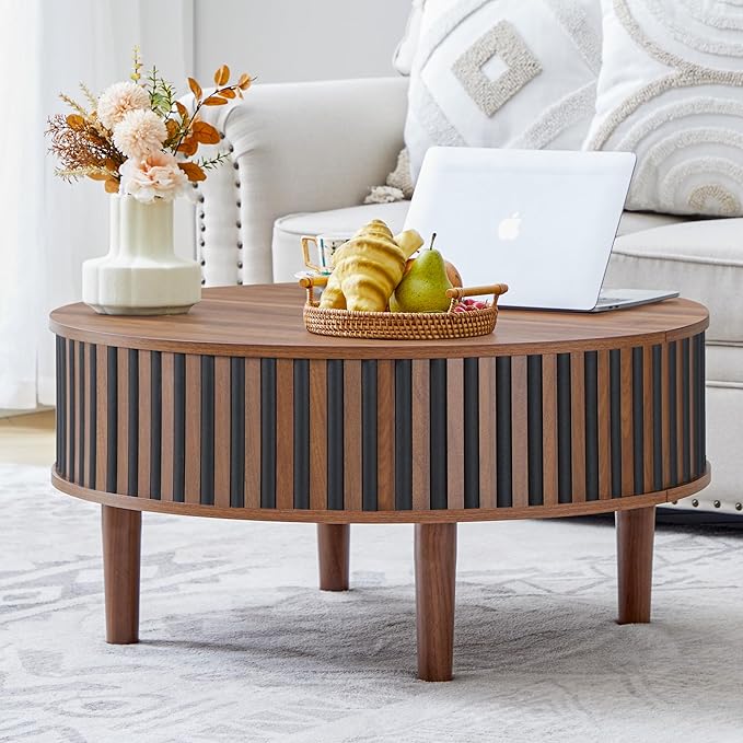 Janmer Home Round Lift Top Coffee Table with Storage, Fluted Mid Century Modern Coffee Tables, Small Space,31.5" Wooden Center Table for Living Room, Apartment, Office (Black Walnut)