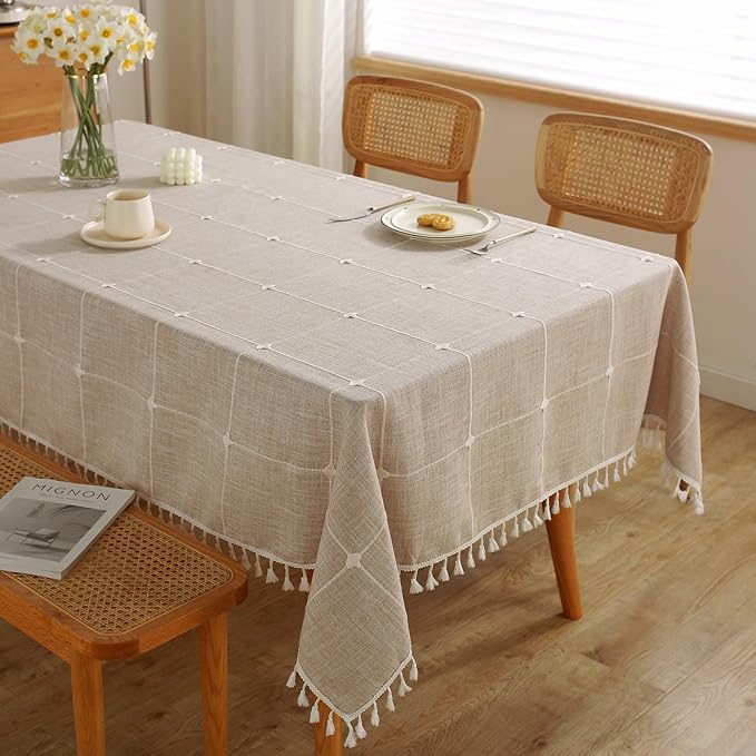 JIALE Tablecloths for Rectangle Tables,Cotton Linen Table Cloth Waterproof Tablecloth Wrinkle Free Farmhouse Dining Tables Cover,Soft Fabric Table Cloths with Tassels, Plaid, 55" X 70",4-6 Seats