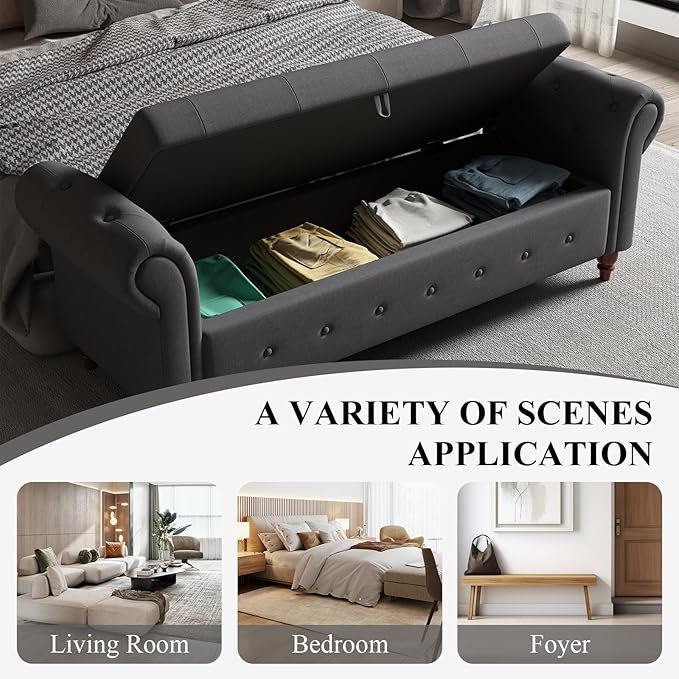 Modern 63'' Storage Ottoman Bench, Upholstered End Bed Bench with Curved Armrest, Button Tufted Entryway Bench with Wood Legs, Bed Bench for Bedroom, Living Room, Hallway (Dark Grey)