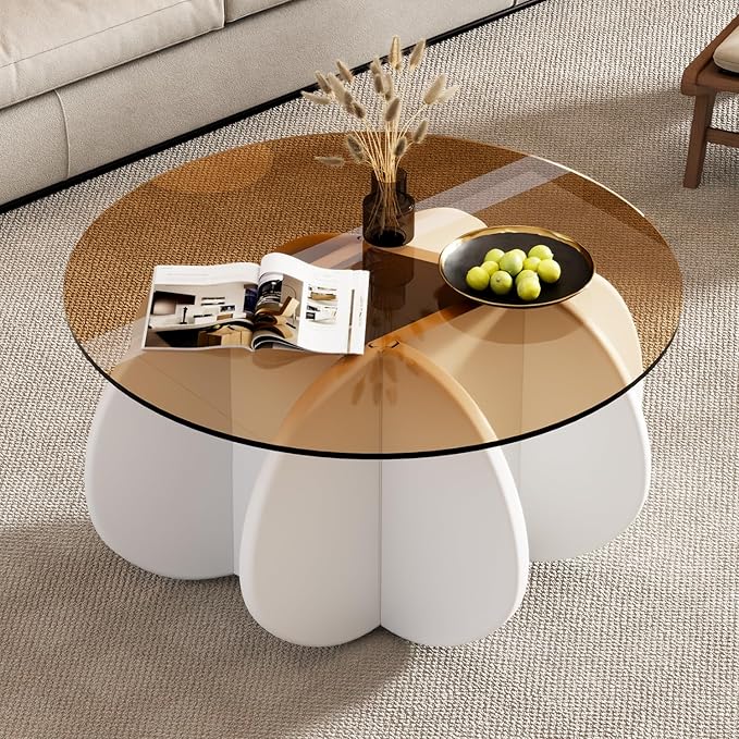 Glass Coffee Table, Mid Century Modern Design, 31.5'' Modern Round Tempered Glass Coffee Tables for Living Room, Cocktail Table for Small Space Home Office. (White + Brown)