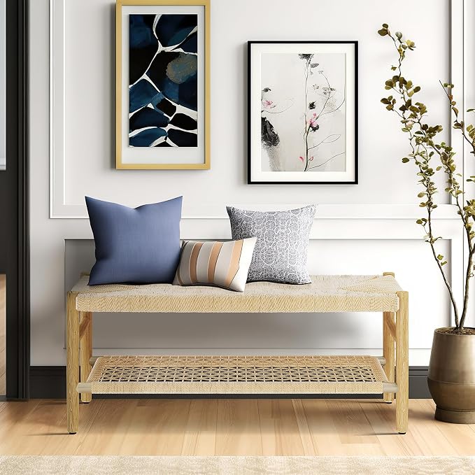 Recaceik Indoor Entryway Bench with Paper Cord Ottoman & Grid Storage Rack, Mid-Century Long Bench with Rubber Wood Legs, French Vanity End Bed Bench for Bedroom Living Room Channel