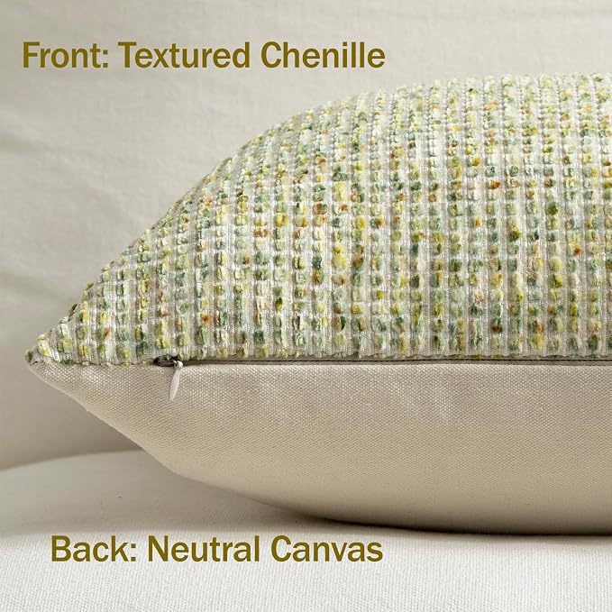 Pack of 2 Neutral Throw Pillow Covers 18x18 Boho Textured Dots Stripe Chenille Square Decorative Pillow Cases Accents for Living Room Couch Bed Farmhouse Home Decor, Lime Green