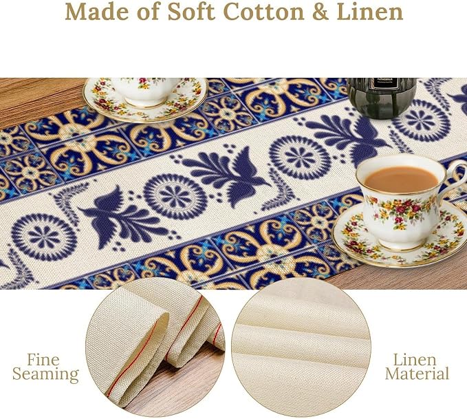 YCness Floral Bird Mexican Table Runner, Blue Patchwork Tiles Kitchen Dining Table Decoration for Home Party Decor, 13x36 Inch