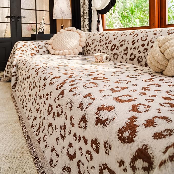 VClife Bohemian Leopard Couch Cover Furniture Protector, Washable Non Slip Sofa Cover for L Shape, Anti-Pilling Couch Covers for 3-4 Cushion Couch Sofa Dog Cat Sofa Throw Cover, Khaki, 71''x150''