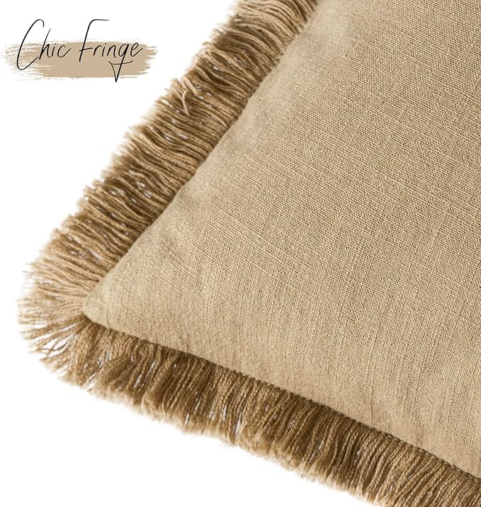 Foindtower Set of 2 Decorative Linen Fringe Throw Pillow Covers Farmhouse Cushion Cover with Tassels Soft Accent Pillowcase for Couch Chair Sofa Bed Living Room Home Decor,22×22 Inch,Light Khaki Taupe