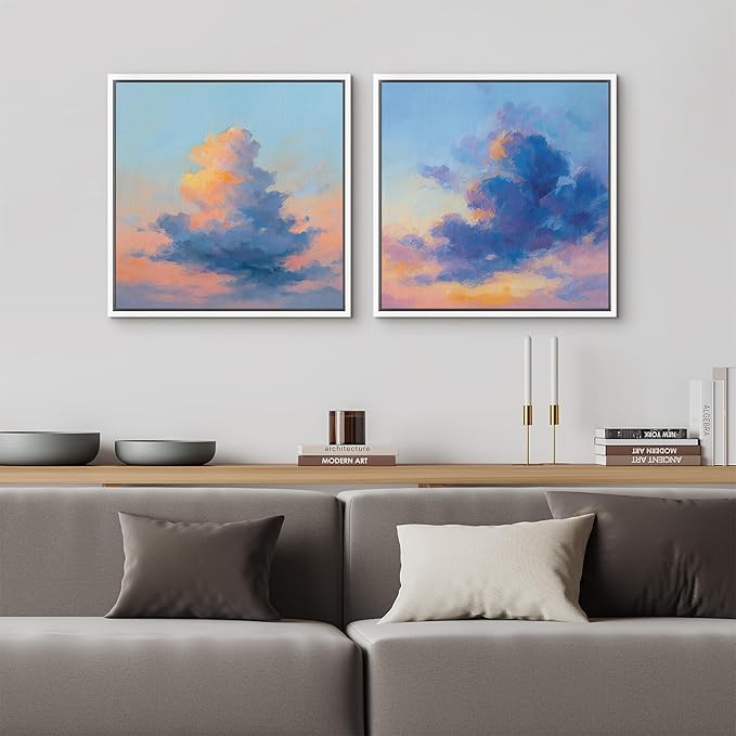 SIGNFORD Framed Canvas Print Wall Art Set Dreamy Cloud Sky Landscape Blue Pink Abstract Modern Art Relax/Calm for Living Room, Bedroom, Office - 16"x16"x2 WHITE