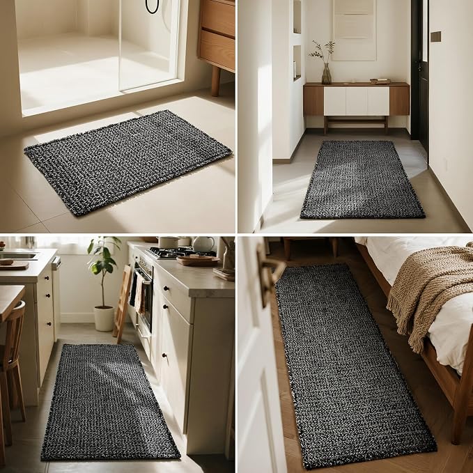 Triohero Waffle Bath Mat, Boho Bathroom Rugs Non Slip Washable, Ultra Soft Super Absorbent Quick Dry Farmhouse Bathroom Decor, 24" x 48", Black & White