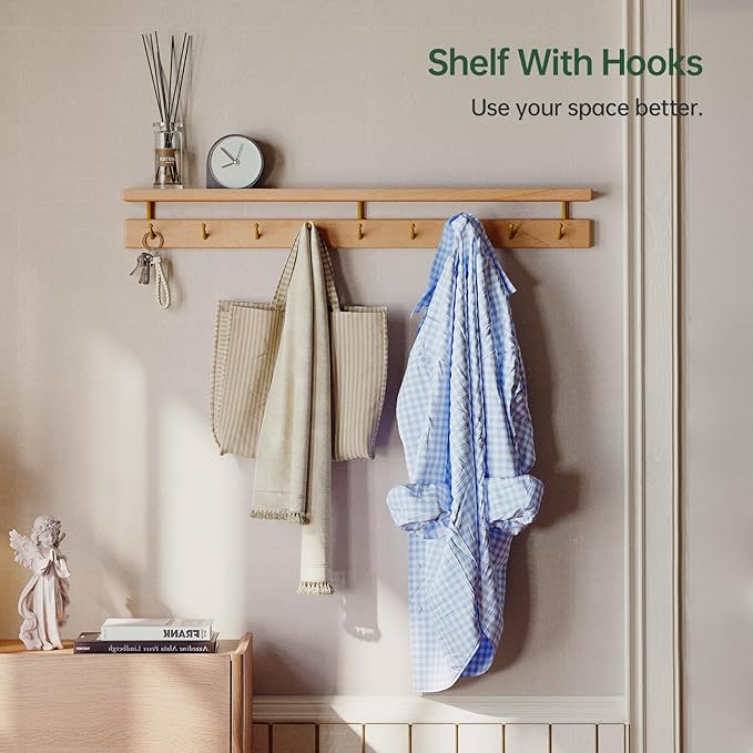 Solid Wood Wall Hooks with Shelf, Coat Rack Wall Mount, Entryway Hanging Shelf with 9 Brass Hooks for Hats, Clothes, Towels, Bags, Beech Wood, Natural