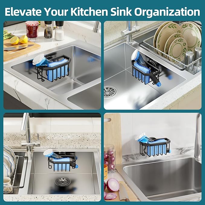 TAILI Sink Caddy with Strong Suction Cup, Sponge Holder for Kitchen Sink Organizer, Removable Sponge Caddy Inside Sink, Rustproof Aluminum Holder for Sponges, Brushes - Black