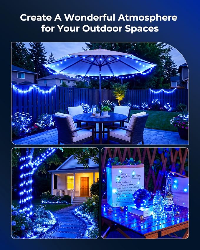 Minetom Solar String Lights for Outside, 33Ft 100 LED Outdoor Solar Fairy Lights, 8 Modes Balcony Lights for Tree Patio Christmas Party Decor (Blue and White)
