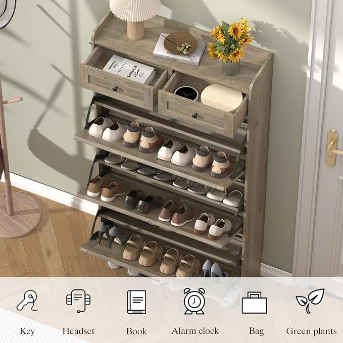 Thacuok Shoe Cabinet with 3 Flip Drawers & 2 Storage Drawers, Rustic Farmhouse Narrow Shoe Organizer Cabinet, Slim Shoe Rack Cabinet, Shoe Storage Cabinet for Entryway, Hallway, Front Door