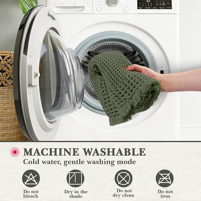 Waffle Bathroom Runner Rugs, Modern Woven Absorbent Non Slip Bath Rugs, Machine Washable Bath Mat Runner, Quick-Drying Bathroom Mat, Boho Tassel Style Suitable for Bathroom Floor, Green, 72"X24"