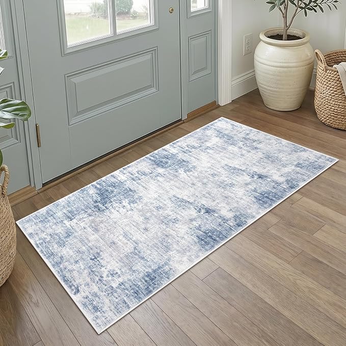 IOHOUZE Abstract Runner Rug 2x4 Ft Entryway Rugs Washable Door Mat Indoor Entrance, Rubber Backed Entryway Runners, Printed Faux Wool Non Slip Floor Carpet for Foyer Front Door Sink, Light Blue Grey