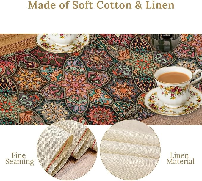 YCness Retro Mandala Table Runner Vintage Boho Table Decor Bohemian Polyester Runner for Tables Brown Farmhouse Spring Decor for Kitchen Dining Tan Tables Runner 13x36 Inch