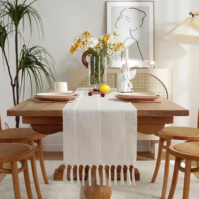 Rustic Boho Table Runner, Farmhouse Table Runners 72 Inches Long for Kitchen Dining Room, 13x72 Inches, Ivory Lines