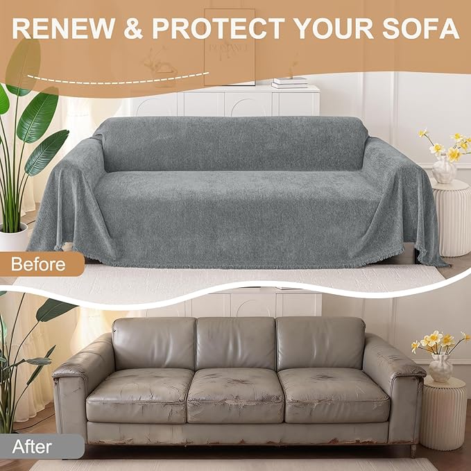 Smiry Couch Cover for Dogs, Washable Chenille Sofa Covers for 3 Cushion Couch, Soft Sofa Slipcover for Pets, Thick Sectional Furniture Protector with Tassels (Grey, 71x134 Inch)
