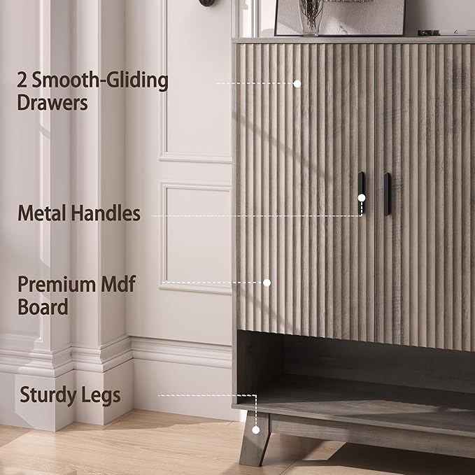 4-Tier Fluted Shoe Cabinet with 2 Doors & Open Shelf, Mid Century Modern Shoe Storage Organizer with Adjustable Shelves, Metal Handles & Wood Legs, Hidden Shoe Rack for Entryway, Hallway