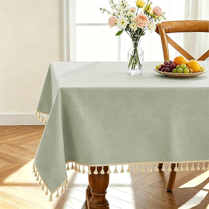 Alsoo Textured Tablecloths for Rectangle Tables Heavy Duty Linen Style Spring Table Cloth Spill Proof Wrinkle Free Table Cover with Tassel for Kitchen Dining Holiday, Sage Green, 55" x 90"