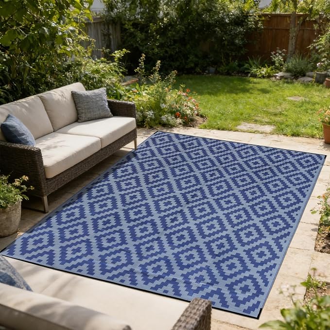 SAND MINE Reversible Mats, Plastic Straw Rug, Modern Area Rug, Large Floor Mat and Rug for Outdoors, RV, Patio, Backyard, Deck, Picnic, Beach, Trailer, Camping, Dark Blue & Grey, 10' x 14'