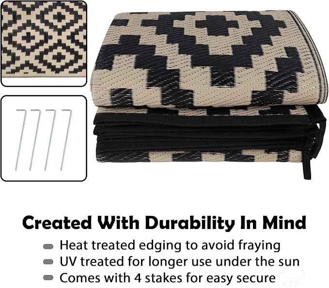 SAND MINE Waterproof Outdoor Rug 8x8 ft, Plastic Reversible Rug, Modern Area Rug, Large Floor Mat for Outdoors, RV, Patio, Backyard, Deck, Picnic, Beach, Camping, Black & Beige