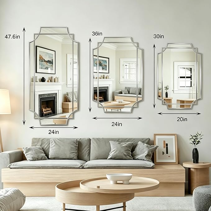 Geometric Beveled Mirror, 30" x 20" Silver Art Deco Mirror with Wood Frame, Rectangle Accent Wall Mirror for Bathroom, Entryway, Living Room, Bedroom, Horizontal or Vertical Hanging