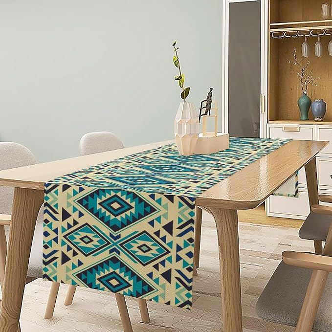 Aztec Table Runner, Southwest Geometric Native Navajo Abstract Tribal Triangle Pattern Vintage Country Style Dinner Runner for Home Kitchen Dining Table 13x108 Inch