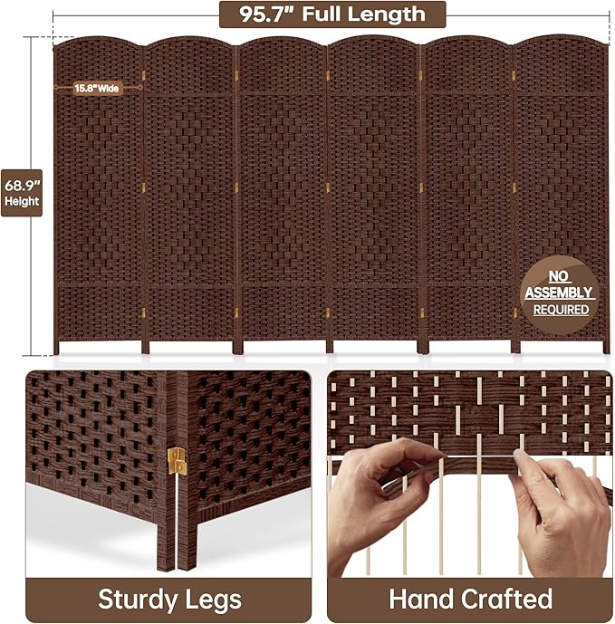 DURASPACE 6 Panel Room Divider, 6ft Tall Folding Privacy Screen, 360°Rotation, Hand-Woven Freestanding Wood Partition for Room Separation