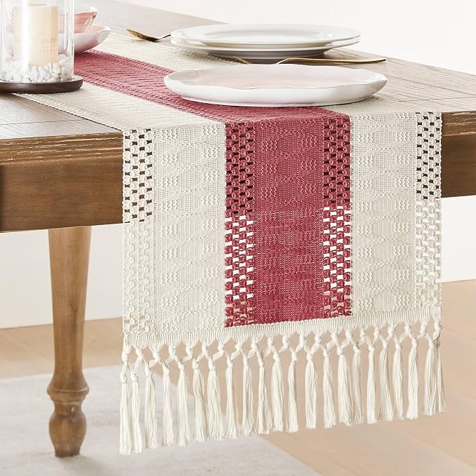 ZeeMart Macrame Style Bicolor Stitching Table Runner, 14 x 60 Inch Dusty Rose/Ivory, Boho Pink Table Runners 60 Inches Long, Farmhouse Woven Home Decor