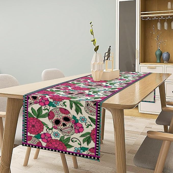 YCness Dia De Los Muertos Table Runner Red Floral Cinco De Mayo Rustic Linen Mexican Sugar Skull Day of The Dead Altar Decoration for Home Kitchen Dining Room, 13x120 Inch White