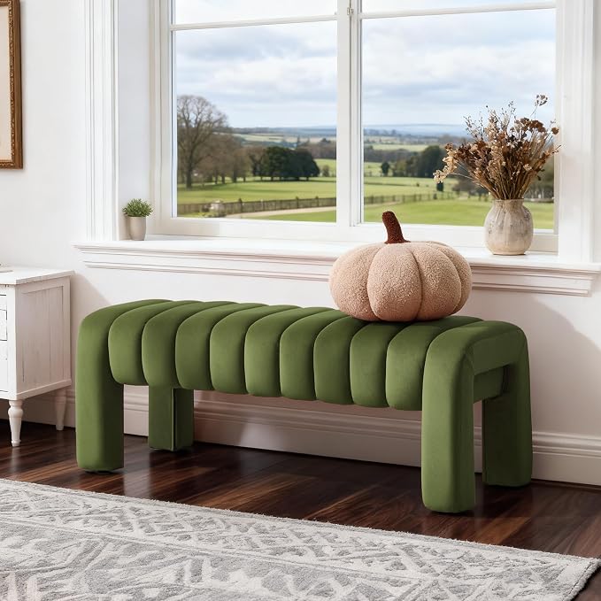 43’’ Bedroom Bench, Upholstered End of Bed Bench with Solid Wood Legs, Modern Small Dining Bench with Full Covered Fabrics for Entryway, Bedroom, Living Room (Green, Velvet)