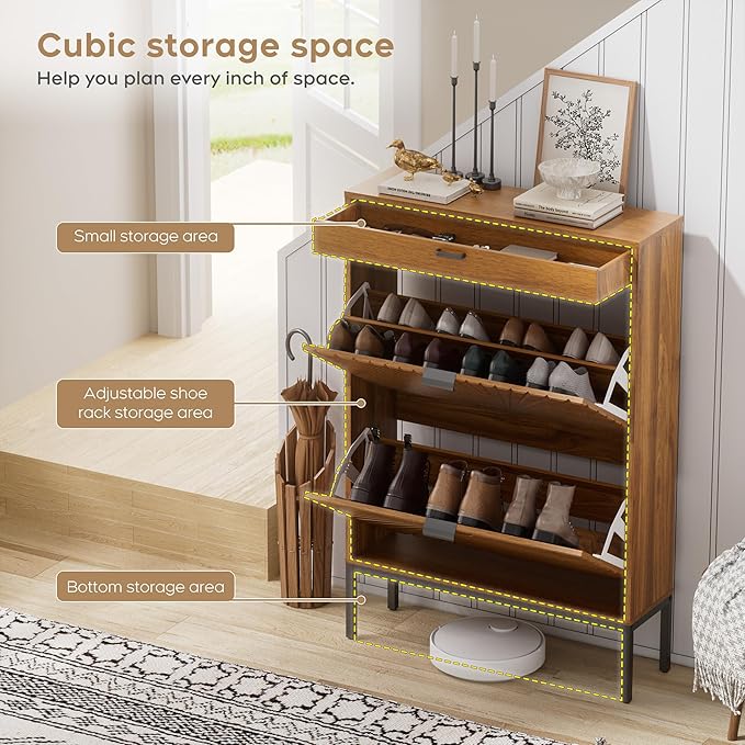 Brafab Shoe Rack Storage Organizer, Shoe Storage Cabinet with 2 Flip Drawers&1 Small Drawer, Slim Entryway Shoe Organizer with Sun Pattern Doors,Walnut