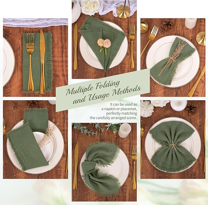 12 Pack Olive Green Cloth Napkins Cotton Linen Napkins with Fringe 16 x 16 Inch Soft Handmade Napkins Cloths Delicate Washable Rustic Dinner Napkin Cloths for Wedding Party Dinner Table Decor