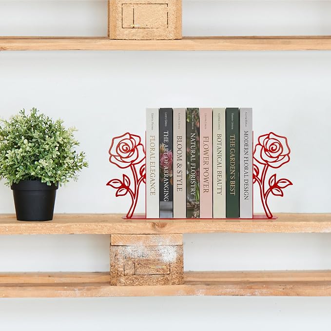 Rose Flower Bookends – Metal Novelty Book Ends with Rose Design, Floral Shelf Decor Decorative Bookends for Shelves Ideal Gift for Book Lovers (Red)