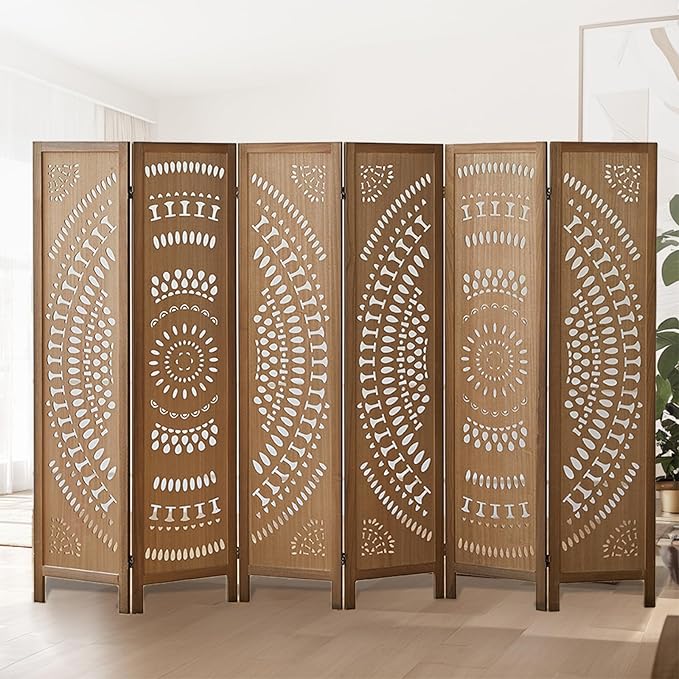 6 Panel Room Divider Wood Carved Room Divider Folding Privacy Screen with Double Hinges, Free Assembled Portable Partition Screen Divider for Room Separation Home Office Restaurant - Brown
