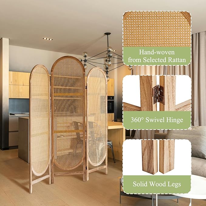 Room Divider Panel, 3 Panel Roomdivider Wall, Wood Room Dividers and Folding Privacy Screens, Rattan Partition Room Dividers, Privacy Dividers for Rooms, Bedroom, Dining Room, Light Brown