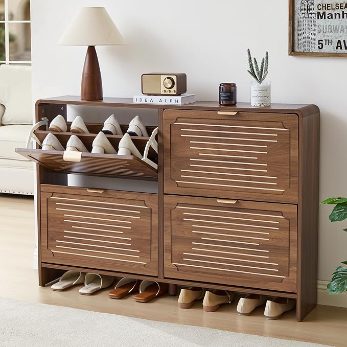 Shoe Storage Cabinet for Entryway with 4 Flip Drawers, Narrow Shoe Rack Organizer, Slim Freestanding Wood Hidden Shoe Cabinet with Adjustable Shelf for Hallway, Living Room (Walnut, 47.24'')